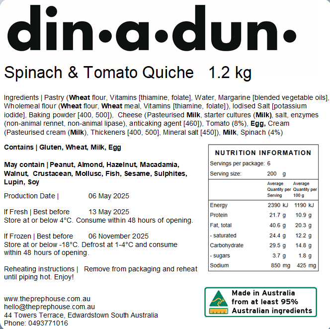 FRESH Spinach & Tomato Quiche 1kg