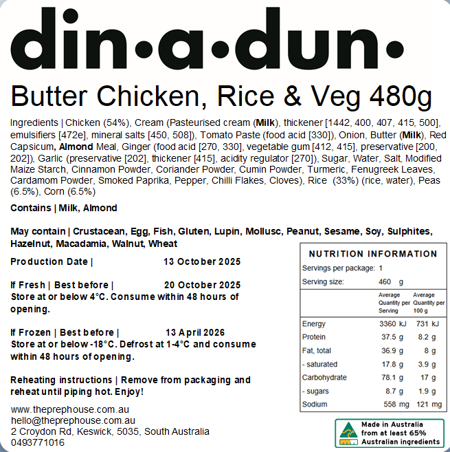 Individual Butter Chicken, Rice & Veg