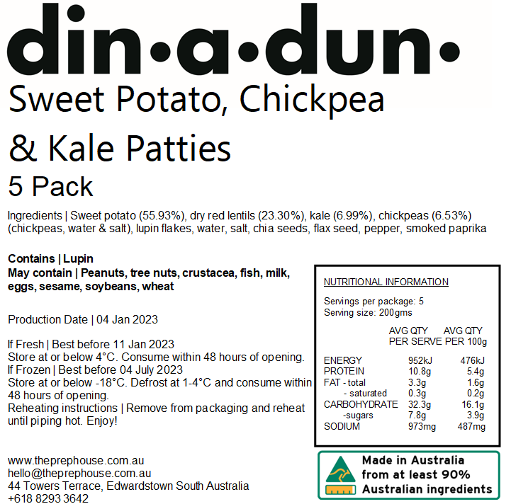 Sweet Potato, Chickpea & Kale Patties (pack of 5)
