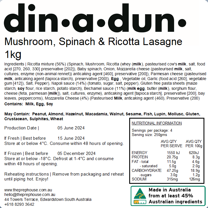 FRESH Mushroom, Spinach & Ricotta Lasagne