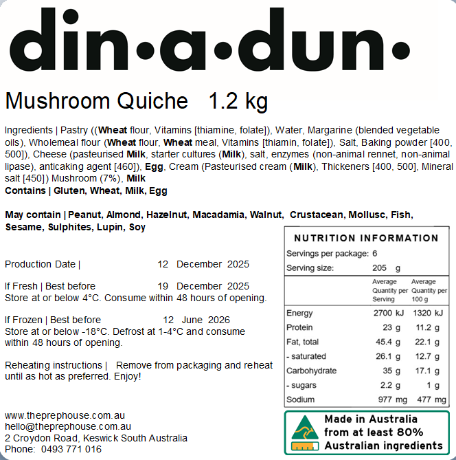 FRESH Mushroom Quiche 1.2kg – The Prep House