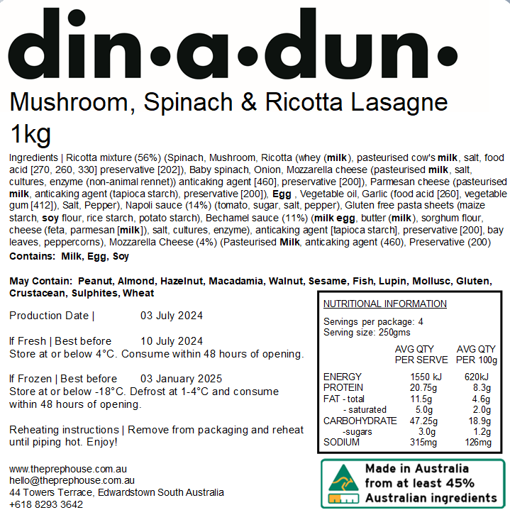 Mushroom, Spinach & Ricotta Lasagne