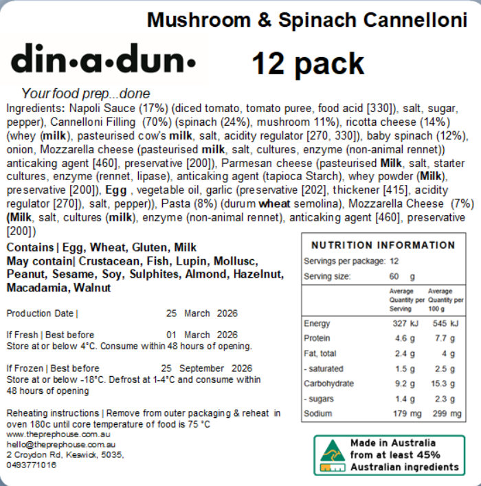 FRESH Mushroom, Spinach & Ricotta Cannelloni 12 pieces