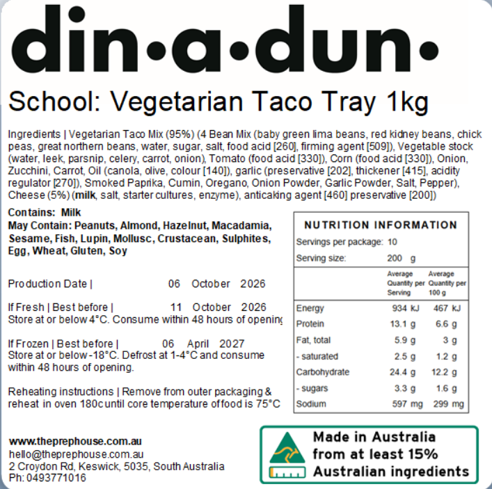 Vegetarian Taco with Cheese Tray 1kg