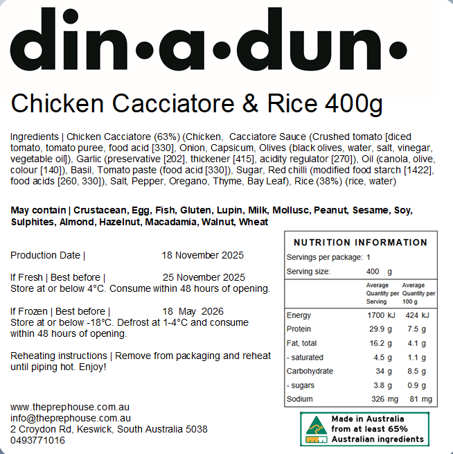 Chicken Cacciatore & Rice 400gm Single serve